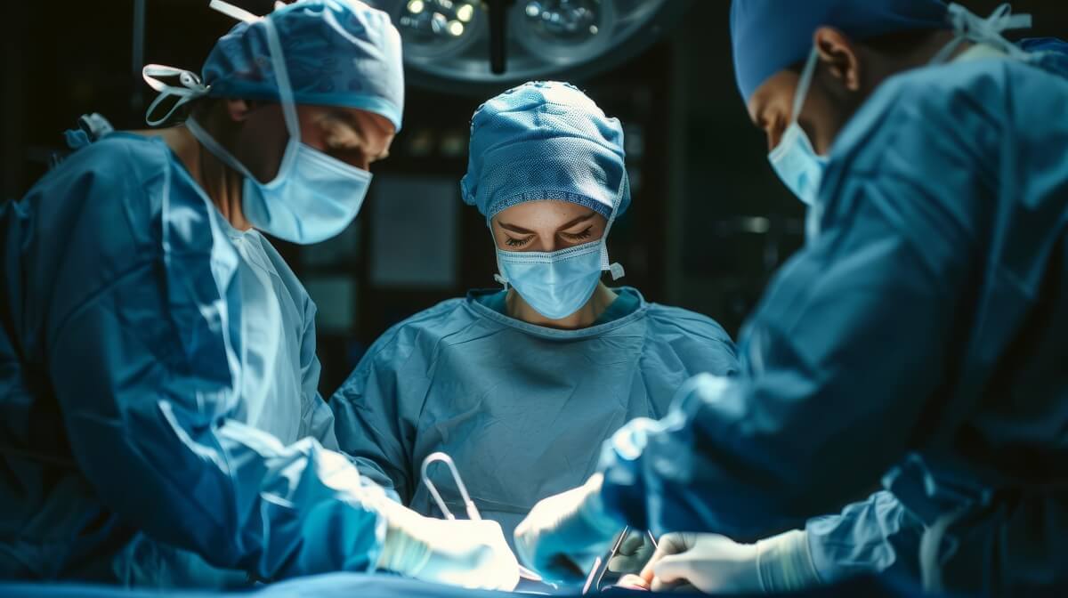 Trzech chirurgów, w tym chirurg dziecięcy, podczas operacji na sali operacyjnej.