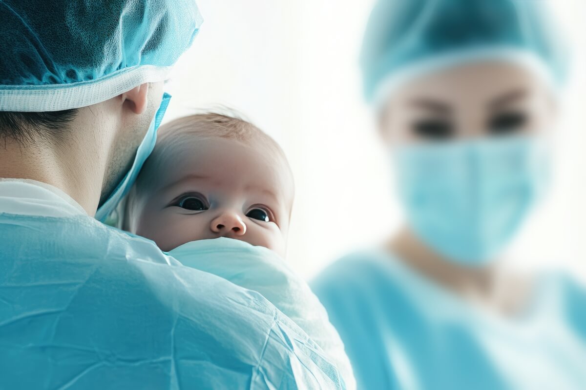 Neurochirurg trzyma niemowlę w szpitalnej scenerii.