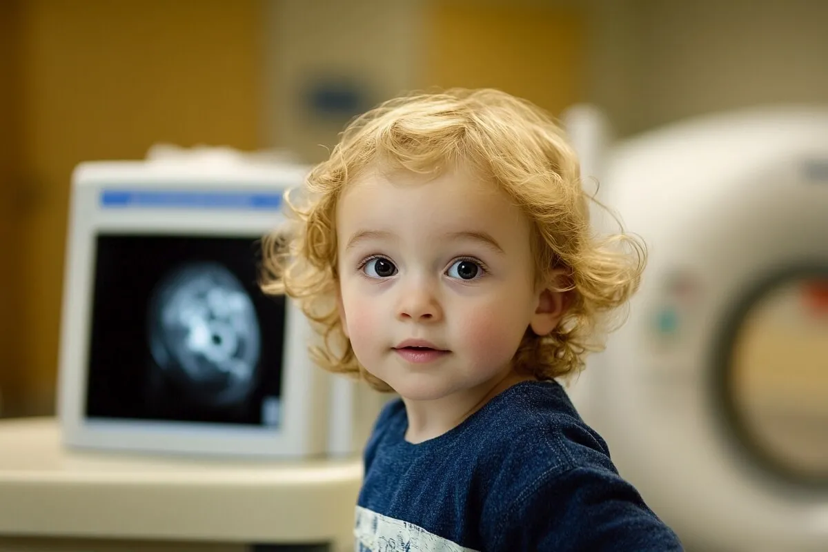 Chłopiec w pracowni, gdzie radiolog dziecięcy analizuje obraz z tomografu komputerowego.